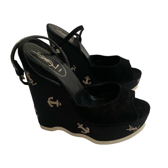Saint Laurent Suede Cassandra Logo Ankle Strap Wedge - 8 US, Black fits 7.5 US - Picture 6 of 16